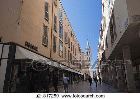 Steeple at the End of Shopping Street View Large Photo Image Stock Photo - Steeple at the End of Shopping Street. Fotosearch