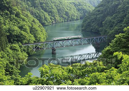 Train Crossing Tadami River View Large Photo Image Stock Image - Train Crossing Tadami River. Fotosearch