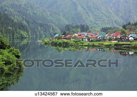 Stock Photo - Village by Tadami River. Fotosearch