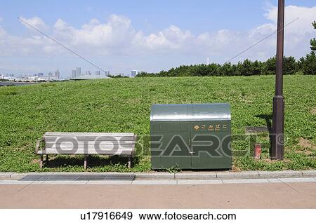 Bench and Garbage Bin View Large Photo Image Stock Photo - Bench and Garbage Bin. Fotosearch