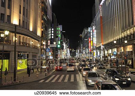 Chuo Street and Ginza 4-chome at Night View Large Photo Image Stock Photography - Chuo Street and Ginza 4-chome at Night. Fotosearch