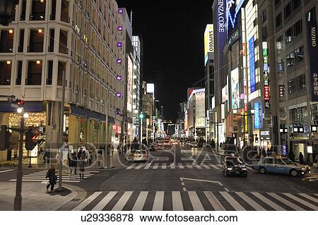 Chuo Street and Ginza 5-chome at Night View Large Photo Image Stock Photo - Chuo Street and Ginza 5-chome at Night. Fotosearch