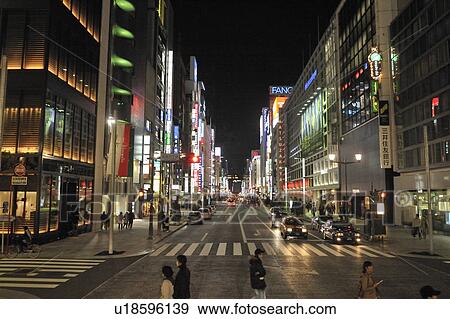 Stock Photo - Chuo Street and Ginza 6-chome at Night. Fotosearch