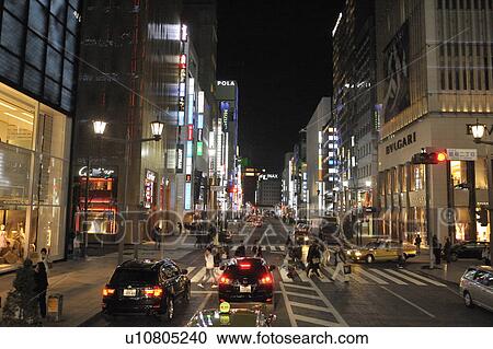 Chuo Streetand Ginza 2-chome at Night View Large Photo Image Stock Image - Chuo Streetand Ginza 2-chome at Night. Fotosearch