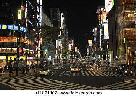 Ginza Seen From Sukiyabashi Crossing at Night View Large Photo Image Stock Image - Ginza Seen From Sukiyabashi Crossing at Night. Fotosearch