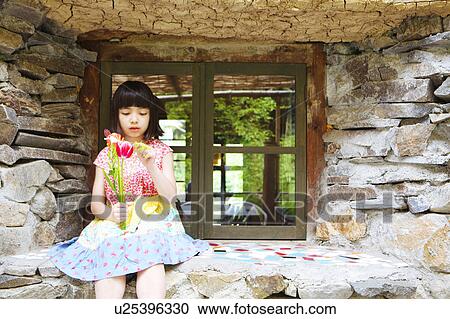 Girl with Flowers Sitting on Windowsill View Large Photo Image Stock Image - Girl with Flowers Sitting on Windowsill. Fotosearch