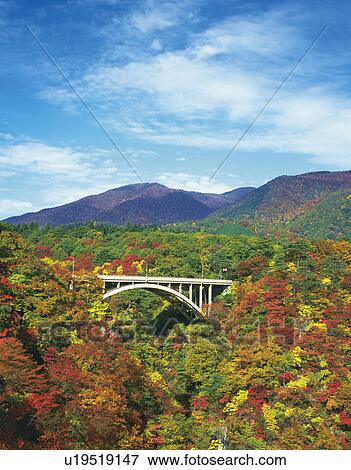Stock Photo - Naruko-kyo Bridge and Autumn Landscape. Fotosearch