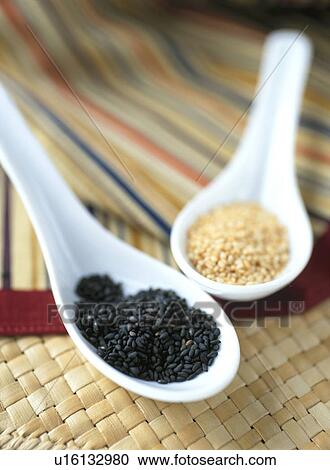 Stock Image - Sesame seeds in spoons. Fotosearch