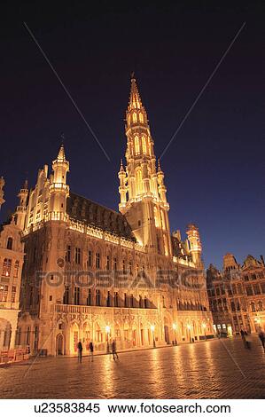 Stock Photography - Town Hall at Grand Place at Night. Fotosearch