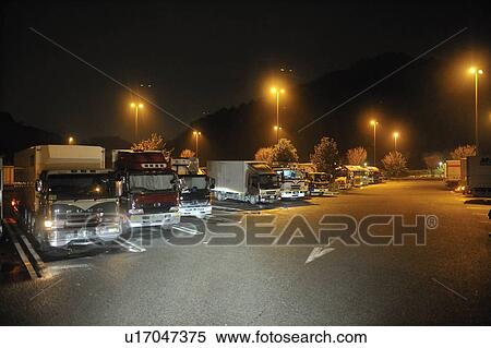 Stock Photography - Truck stop at night, Aichi Prefecture, Japan. Fotosearch