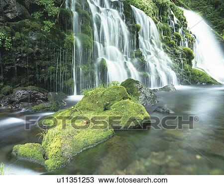 Stock Image - Water Falling on Mossy Stones. Fotosearch
