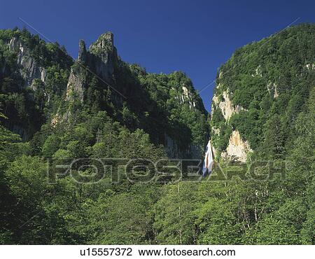 Stock Image - Waterfall in Mountains. Fotosearch