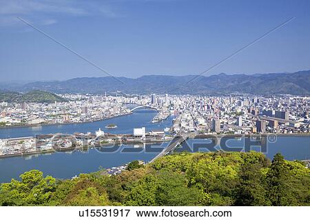 Stock Photo - Aerial view of Kochi city, Kochi Prefecture, Shikoku, Japan. Fotosearch