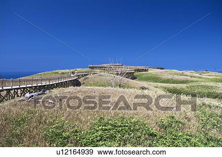 Stock Photo - Boardwalk and Sea of Okhotsk, Hokkaido Prefecture, Japan. Fotosearch