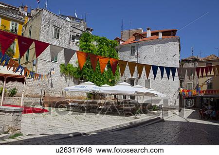 Pennants Over Town Square View Large Photo Image Stock Photo - Pennants Over Town Square. Fotosearch