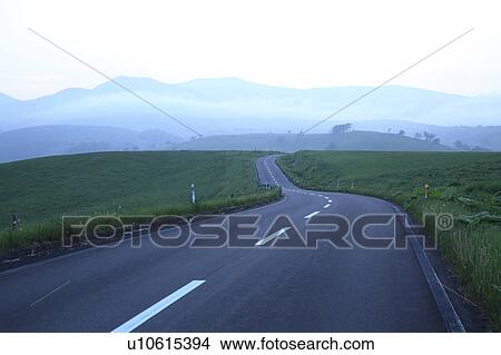 Picture - Road at dusk, Hokkaido Prefecture, Japan. Fotosearch