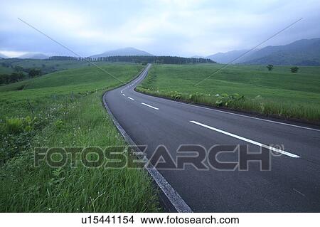 Picture - Road at dusk, Hokkaido Prefecture, Japan. Fotosearch