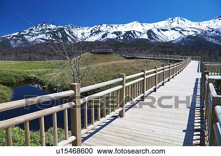 Stock Image - Shiretoko mountain range and boardwalk, Hokkaido Prefecture, Japan. Fotosearch