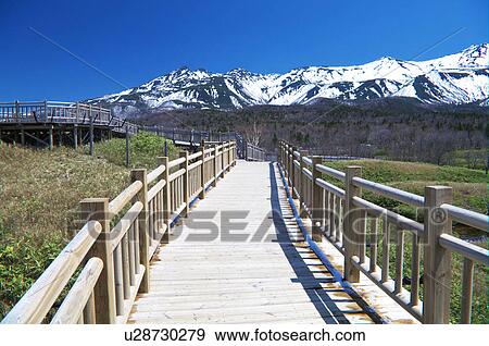 Stock Photo - Shiretoko mountain range and boardwalk, Hokkaido Prefecture, Japan. Fotosearch