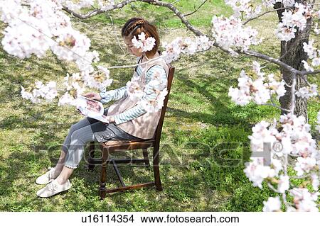 Picture - Young Woman sitting on chair reading a book. Fotosearch
