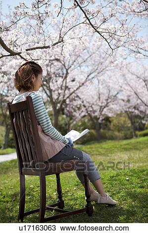 Stock Image - Young Woman sitting on chair reading a book. Fotosearch