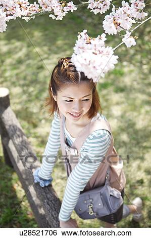 Stock Photograph - Young woman standing near cherry blossom tree. Fotosearch