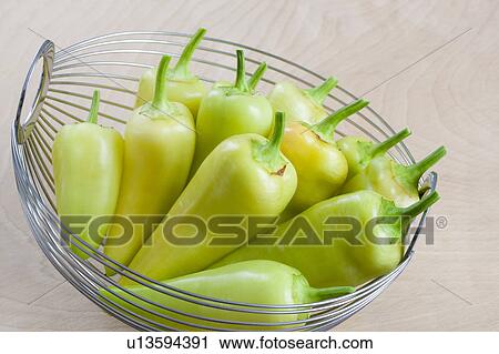 Stock Image - Banana peppers in a basket. Fotosearch
