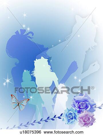 Stock Photograph - Blue Silhouetted Teenage Girls. Fotosearch