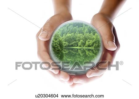 Picture - Child Holding Globe Showing Lake and Forest. Fotosearch