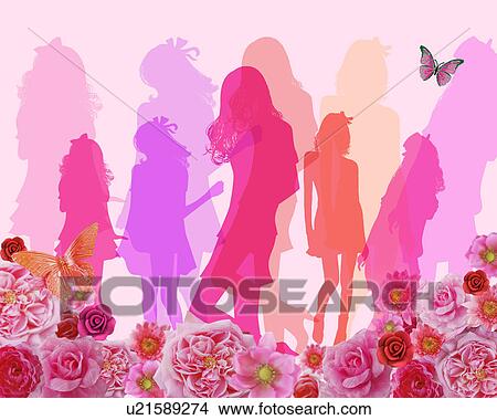 Picture - Five Silhouetted Girls, Butterfly and Roses. Fotosearch