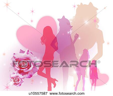 Stock Photo - Five Silhouetted Girls, Roses and Love Heart. Fotosearch