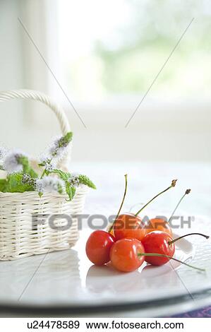 Mint in basket and cherries on plate View Large Photo Image Stock Photo - Mint in basket and cherries on plate. Fotosearch