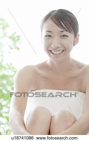 Portrait of woman wrapped in towel, Tokyo Prefecture, Japan View Large Photo Image Stock Photograph - Portrait of woman wrapped in towel, Tokyo Prefecture, Japan. Fotosearch