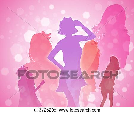 Stock Photography - Silhouetted Girls Against Glittering Background. Fotosearch