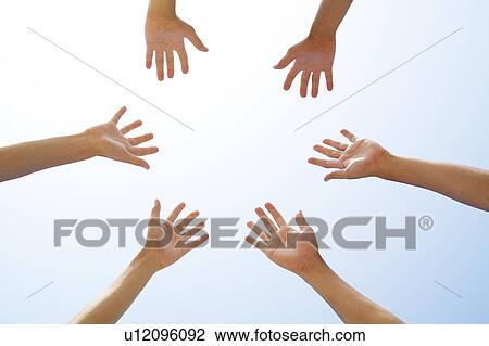 Three People's Hands Up In Sky View Large Photo Image Stock Image - Three People's Hands Up In Sky. Fotosearch