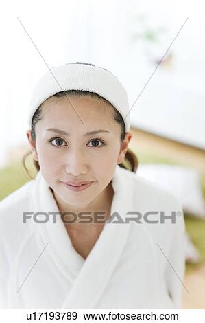 Young Woman in Bathrobe, High Angle View View Large Photo Image Stock Photo - Young Woman in Bathrobe, High Angle View. Fotosearch