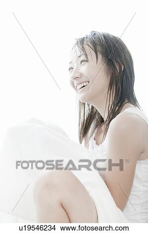 Young woman with a towel, Tokyo Prefecture, Japan View Large Photo Image Picture - Young woman with a towel, Tokyo Prefecture, Japan. Fotosearch