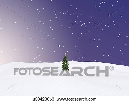 Stock Image - Christmas tree in snow field. Fotosearch