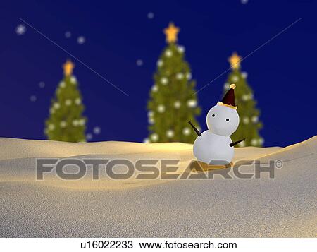 Stock Image - Christmas trees and snowman in snow field. Fotosearch