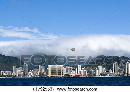Parachute Over Waikiki View Large Photo Image Stock Photo - Parachute Over Waikiki. Fotosearch