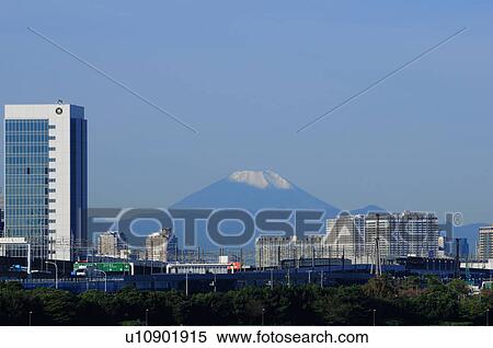Stock Photography - Skyline of Edogawa ward showing Mt. Fuji, Tokyo Prefecture, Japan. Fotosearch