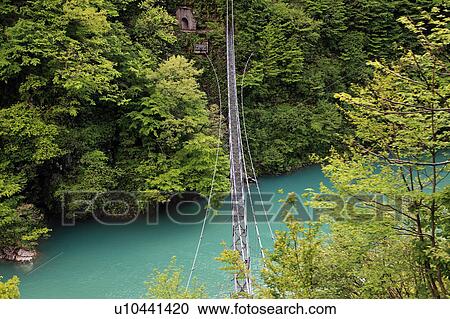 Stock Image - Suspension bridge at kurobe gorge, Toyama Prefecture, Honshu, Japan. Fotosearch