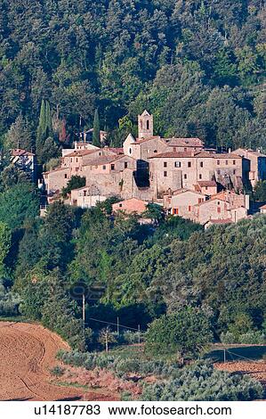 Aerial view of medieval town of Doglio nestled amongst woods on hillside, olive groves, and ploughed fields, Umbria, Italy View Large Photo Image Stock Image - Aerial view of medieval town of Doglio nestled amongst woods on hillside, olive groves, and ploughed fields, Umbria, Italy. Fotosearch