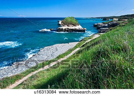 Rocky coastline and natural formation of sea stacks, with grassy path along cliff edge, on sunny spring morning, Salento, Puglia, Southern Italy View Large Photo Image Picture - Rocky coastline and natural formation of sea stacks, with grassy path along cliff edge, on sunny spring morning, Salento, Puglia, Southern Italy. Fotosearch