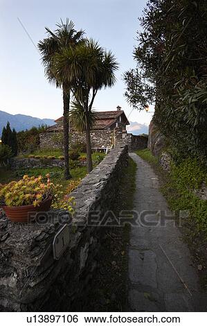 View of village pathway, lined with old stone wall, with Italian garden and cottage alongside, in late afternoon autumn sunlight, Lake Como, Northern Italy View Large Photo Image Stock Photograph - View of village pathway, lined with old stone wall, with Italian garden and cottage alongside, in late afternoon autumn sunlight, Lake Como, Northern Italy. Fotosearch