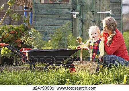 Woman working on allotment with child View Large Photo Image Stock Photography - Woman working on allotment with child. Fotosearch