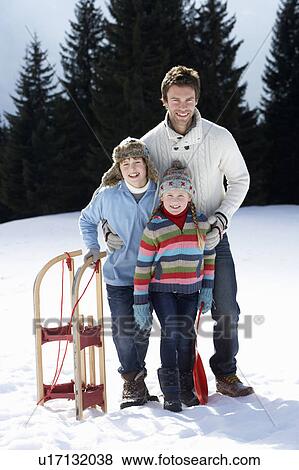 Young Father And Children In Snow With Sled View Large Photo Image Stock Photo - Young Father And Children In Snow With Sled. Fotosearch