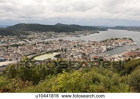 Stock Photograph - Aerial view of a city, Mt Floyen, Bergen, Norway. Fotosearch