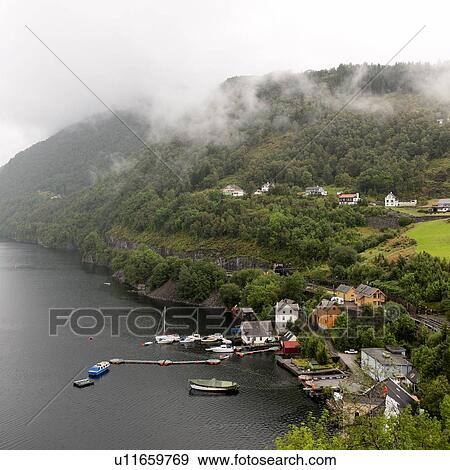 Stock Photo - Boats moored at a port, Trengereid, Sorfjord, Norway. Fotosearch