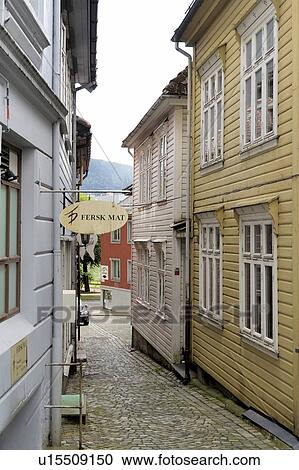 Stock Image - Buildings in a street, Bergen, Norway. Fotosearch